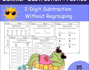 Summer Subtraction Worksheets | 2-Digit Subtraction Without Regrouping | Grade 1 2 3 Math Practice | No Borrowing Math Worksheets PDF