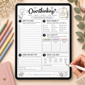 May include: A digital tablet displaying a printable mental health worksheet titled Overthinking? with five numbered sections for reflection, including checklists, mood icons, and writing prompts, surrounded by colored pencils and leaves.