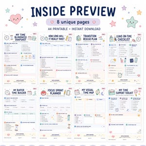 May include: A digital printable planner set featuring eight unique A4 pages with pastel-colored illustrations, including checklists, time management charts, and task trackers titled My Time Blindness Snapshot, How Long Will It Really Take, and Transition Rescue Plan.