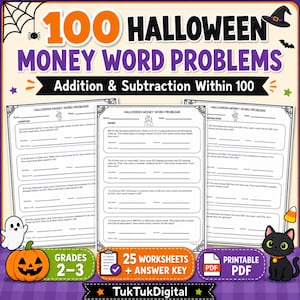 May include: Three white paper worksheets titled 100 Halloween Money Word Problems featuring addition and subtraction tasks. The pages include math problems with Halloween themes, blank lines for equations, and space for answers. Includes a PDF icon.