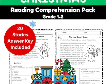 May include: A Christmas-themed reading comprehension pack for grades 1-2. The pack includes 20 stories and an answer key. The image features a snowman, a gingerbread man, and a train with presents and a Christmas tree.
