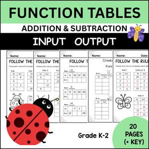 May include: A printable worksheet titled "Function Tables" for addition and subtraction, designed for grades K-2. The black and white pages feature input and output tables, with insect and butterfly illustrations. The text includes "20 pages (+ key)."