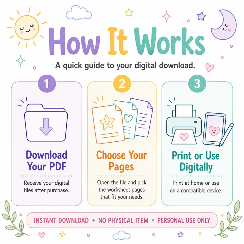 May include: An instructional graphic titled How It Works with three steps: 1. Download Your PDF, 2. Choose Your Pages, and 3. Print or Use Digitally. The design features pastel icons of a folder, documents, a printer, and a tablet with a stylus.