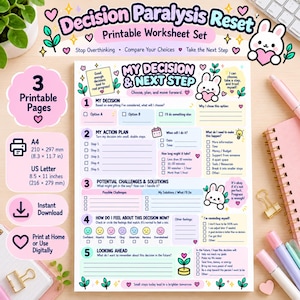 Puede incluir: Un conjunto de hojas de trabajo imprimibles titulado Decision Paralysis Reset, que presenta cinco secciones para la toma de decisiones, planificación de acciones y reflexión. El documento incluye casillas de verificación, indicaciones e ilustraciones de conejitos, disponible en tamaños A4 210 x 297 mm y US Letter 8,5 x 11 pulgadas.