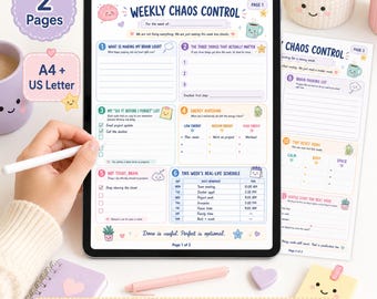 May include: A digital tablet displaying a Weekly Chaos Control planner template with sections for tasks, energy matching, and schedules. The interface features pastel colors, cute illustrations, and text prompts. A second page of the planner is visible nearby.