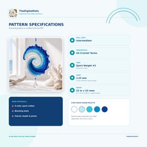 May include: A digital pattern specification sheet for an ocean wave crochet wind spinner. It features a blue and white spiral crochet ornament, intermediate skill level, US crochet terms, sport weight #2 yarn, 3.25 mm hook, and a five-color palette.