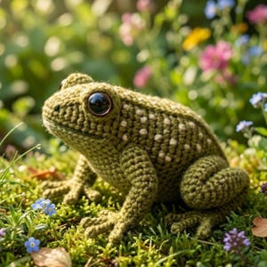 Puede incluir: Una rana de ganchillo hecha a mano en tonos verdes, con ojos grandes y oscuros y detalles de puntos blancos. La rana está sentada sobre musgo verde y rodeada de flores coloridas, creando una escena caprichosa inspirada en la naturaleza.