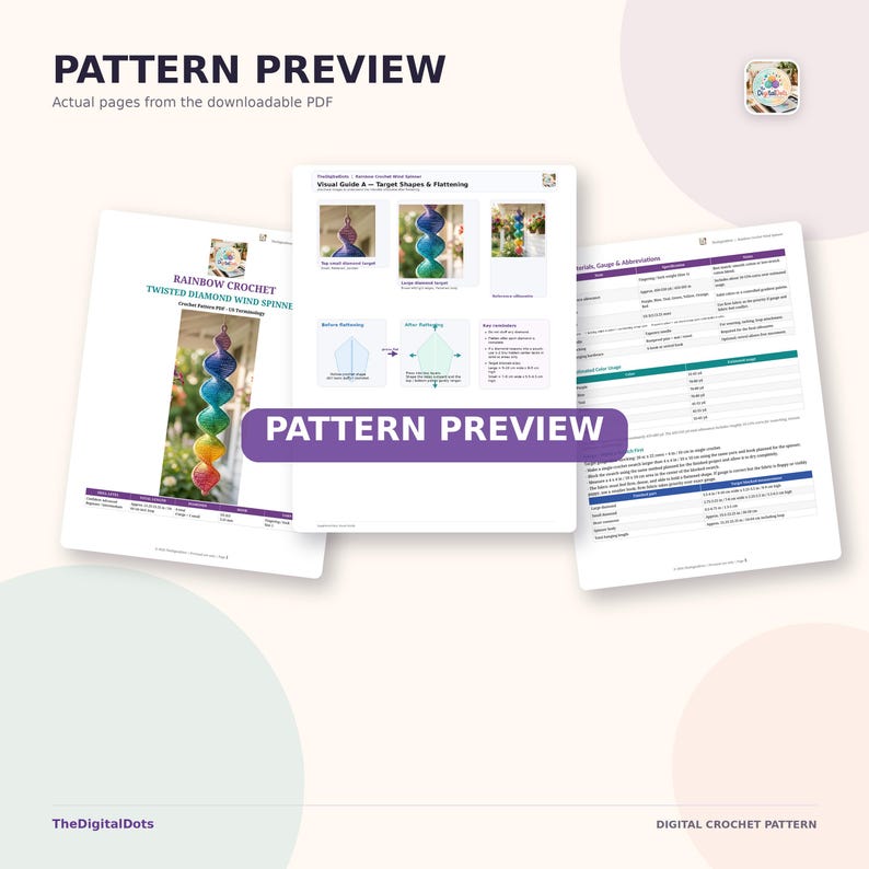 May include: A digital crochet pattern document titled Rainbow Crochet Twisted Diamond Wind Spinner. The pages feature instructional text, diagrams, and photographs of a multi-colored, spiral-shaped wind spinner hanging outdoors.