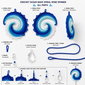 May include: A crochet ocean wave spiral wind spinner kit featuring a blue and white spiral piece, a crystal prism, beads, and a blue hanging cord. The image displays all parts and assembly steps labeled with text for a DIY wind spinner project.