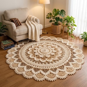 Peut inclure: Un grand tapis rond au crochet présentant un motif floral complexe à plusieurs niveaux dans des tons crème, beige et brun clair. Le design se compose d'anneaux concentriques de points détaillés, se terminant par une bordure festonnée.