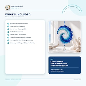 May include: A 10-page printable PDF crochet pattern for an ocean wave wind spinner. The document includes written instructions, a materials list, gauge, row-by-row shaping table, stitch counts, special-stitch instructions, and a blocking template.