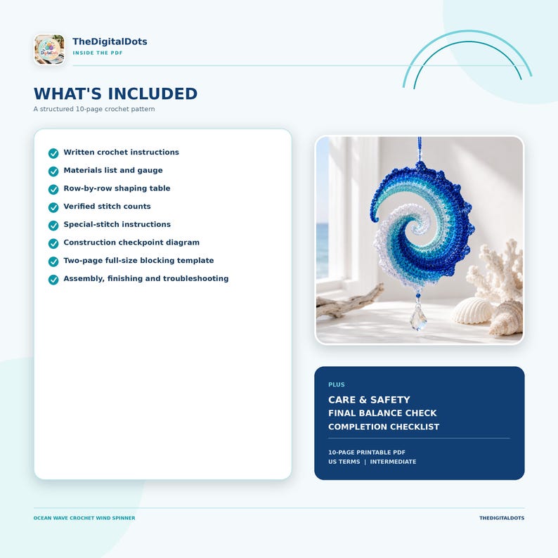 May include: A 10-page printable PDF crochet pattern for an ocean wave wind spinner. The document includes written instructions, a materials list, gauge, row-by-row shaping table, stitch counts, special-stitch instructions, and a blocking template.