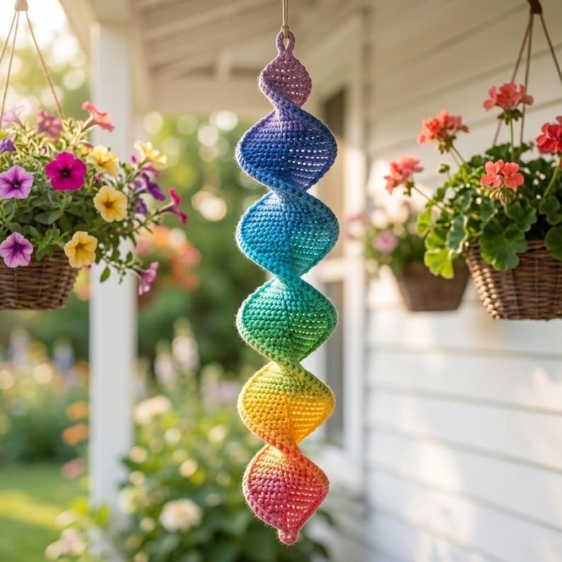 May include: A hanging crochet spiral ornament featuring a vibrant rainbow gradient pattern that transitions from purple at the top through blue, green, and yellow, ending in a pinkish-red hue at the bottom, suspended by a simple string loop.