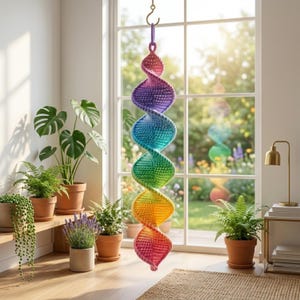 May include: A hanging spiral decoration featuring a vibrant rainbow gradient of crocheted yarn. The structure consists of interconnected, twisted segments transitioning from purple at the top to blue, green, yellow, and pink at the bottom, suspended by a hook.