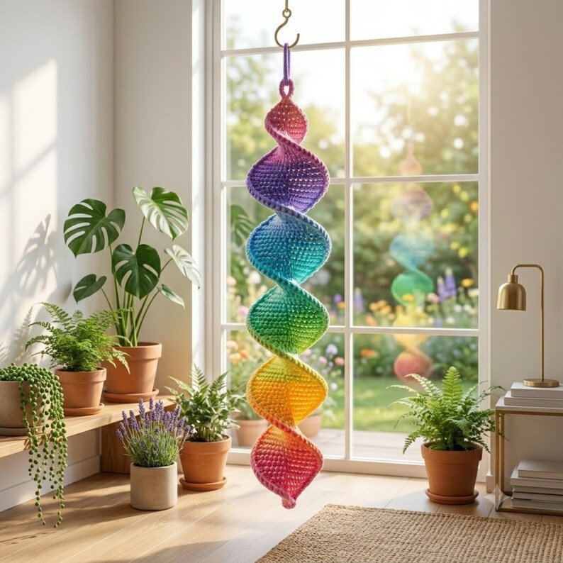 May include: A hanging spiral decoration featuring a vibrant rainbow gradient of crocheted yarn. The structure consists of interconnected, twisted segments transitioning from purple at the top to blue, green, yellow, and pink at the bottom, suspended by a hook.