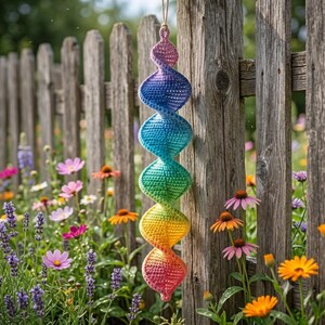 May include: A hanging spiral decoration crafted from crocheted yarn, featuring a vibrant rainbow gradient that transitions from pink at the top through blue, green, and yellow, ending in a red-orange point at the bottom, suspended by a thin cord.