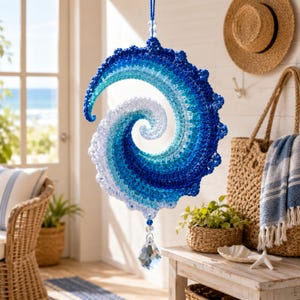 Modèle de girouette à vent au crochet « Vagues de l'océan » | Modèle PDF facile à réaliser soi-même pour une décoration côtière | Attrape-vent de plage pour débutants | Téléchargement instantané