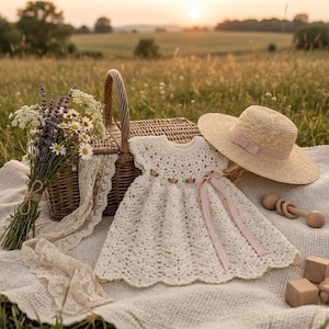 May include: A cream-colored crocheted dress with short sleeves, a round neckline, and small pink floral accents along the waist. A long pink ribbon is tied at the waist. The dress is accompanied by a straw hat with a pink ribbon band.