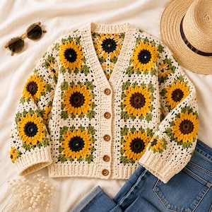 May include: A crochet cardigan featuring a sunflower granny square pattern in yellow, dark brown, and green, with an off-white base. The garment has a V-neckline, long sleeves, and five brown buttons down the front placket, finished with ribbed cuffs and hem.