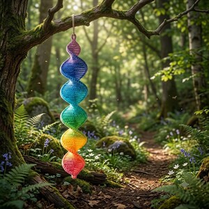 May include: A hanging crochet spiral ornament featuring a vertical gradient of colors transitioning from pink at the top to blue, green, yellow, and orange, ending in a red point at the bottom, suspended by a simple light-colored string loop.