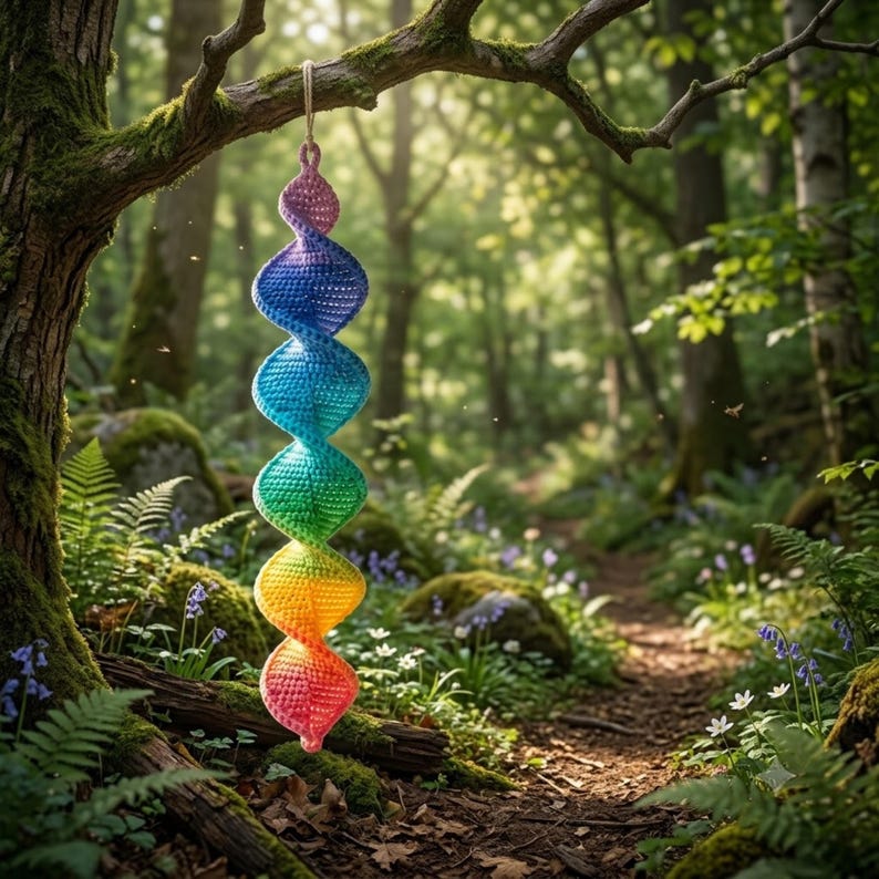 May include: A hanging crochet spiral ornament featuring a vertical gradient of colors transitioning from pink at the top to blue, green, yellow, and orange, ending in a red point at the bottom, suspended by a simple light-colored string loop.