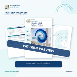 May include: A digital PDF pattern preview for an Ocean Wave crochet wind spinner. The document displays instructional text, a photograph of a blue and white spiral wind spinner, and technical diagrams for the crochet project construction.