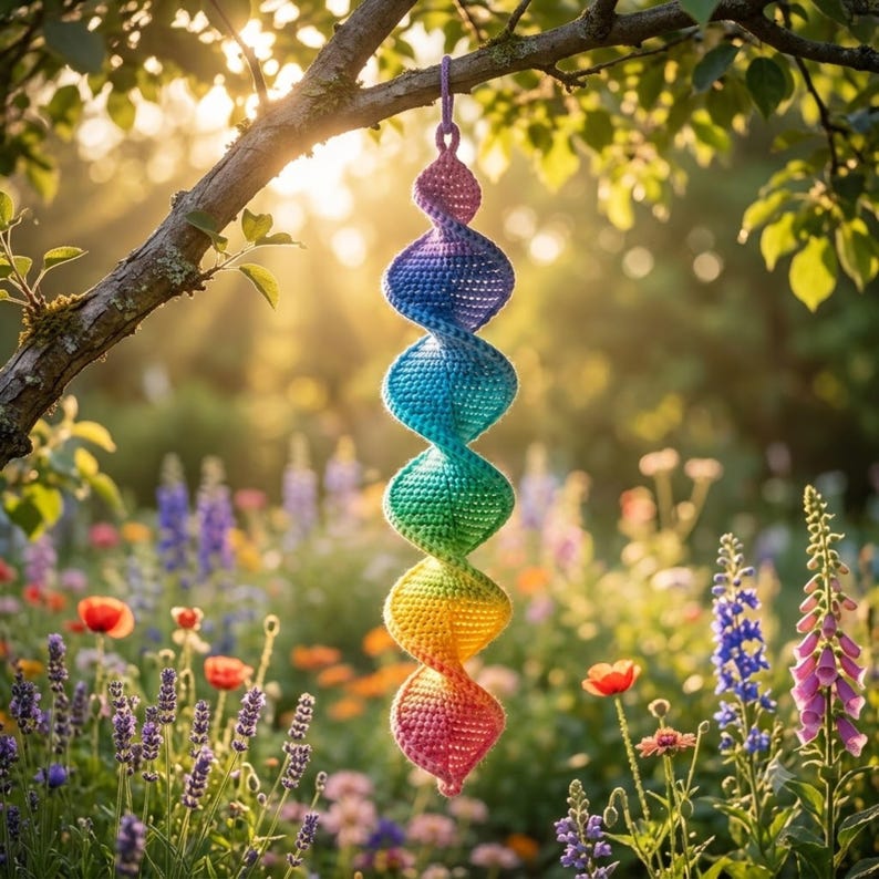 May include: A hanging crochet spiral ornament featuring a vibrant rainbow gradient of colors, transitioning from purple at the top through blue, green, and yellow, down to a pinkish-red base, suspended by a small matching loop at the top.