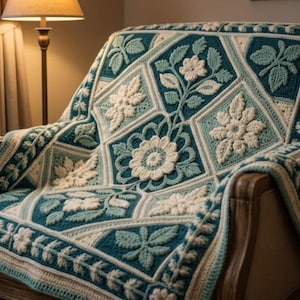 May include: A teal, cream, and white crocheted blanket with floral and leaf patterns. The blanket is draped over a wooden armchair. The design features raised floral motifs within geometric shapes, creating a textured, handcrafted appearance.