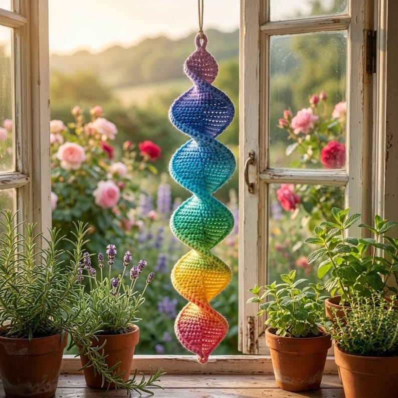 May include: A hanging spiral decoration made of crocheted yarn featuring a gradient of colors transitioning from light purple at the top to blue, teal, green, yellow, orange, and pink at the bottom, suspended by a simple light-colored string.