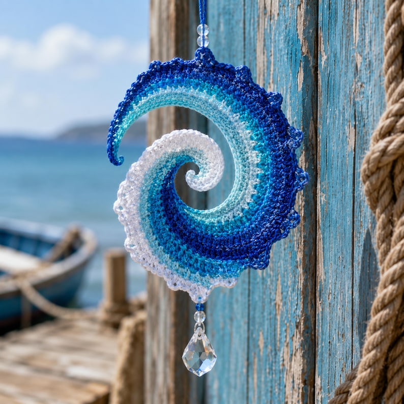 May include: A spiral-shaped crochet ornament featuring a gradient of blue and white yarn, mimicking the appearance of a crashing ocean wave. The piece is suspended by a blue string and features a clear, faceted crystal drop at the bottom.