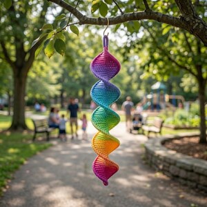 May include: A spiral-shaped hanging decoration made of crocheted yarn featuring a vibrant rainbow gradient of colors including purple, blue, green, yellow, orange, and pink. The item has a small loop at the top for hanging from a metal hook.
