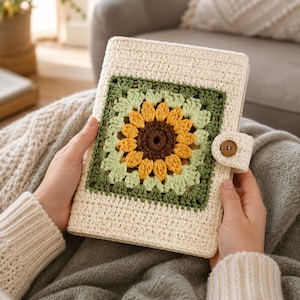 May include: A rectangular crochet book cover featuring a central sunflower motif in shades of brown, yellow, and light green, surrounded by a cream-colored border. The cover includes a side tab closure secured with a single brown circular button.
