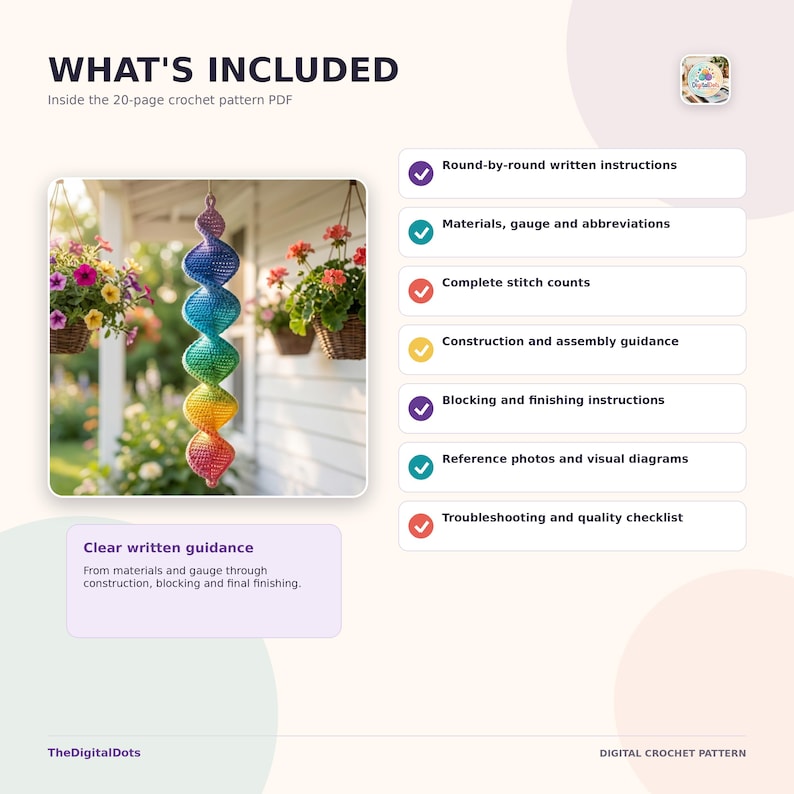 May include: A 20-page digital crochet pattern PDF titled What's Included. The document lists round-by-round instructions, materials, gauge, abbreviations, stitch counts, assembly, blocking, finishing, reference photos, and a troubleshooting checklist.