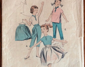 Vintage 1950s Original Butterick 7977 Mandarin Collar Blouse ~ Capris ~ Wrap-Around Skirt~ Cummerbund~ Sewing Pattern Size 6