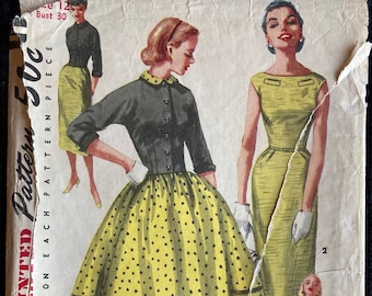1950s Vintage Simplicity 1412~Rockabilly Sleeveless Dress~Gathered Full Skirt~Slim Skirt~Crop Jacket~Sewing Pattern~Bust 30"~Free Shipping