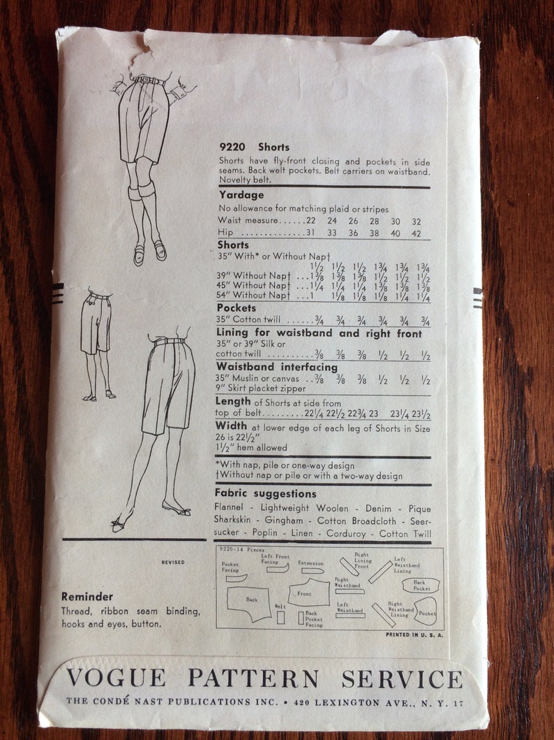 Vintage 1950s Original Vogue 9220 Bermuda Shorts fly Frontinseam ...