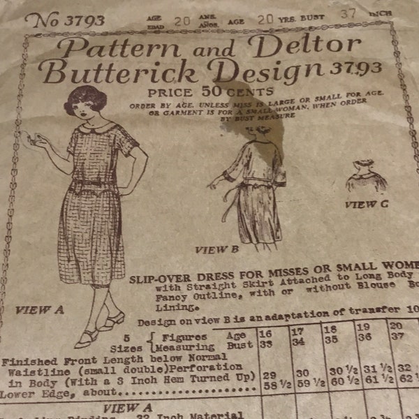 1920s Butterick Design 3793 Pattern and Deltor Slip-Over Dress Elongated Scalloped Bodice Vintage Sewing Pattern Bust 37"