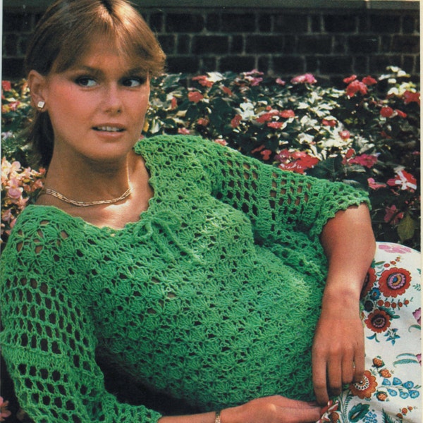 PDF Crochet Pattern Vintage 1970s Romantic Shell Lace Top~Portrait Neckline~Flowing Sleeves~Motif Instant Download