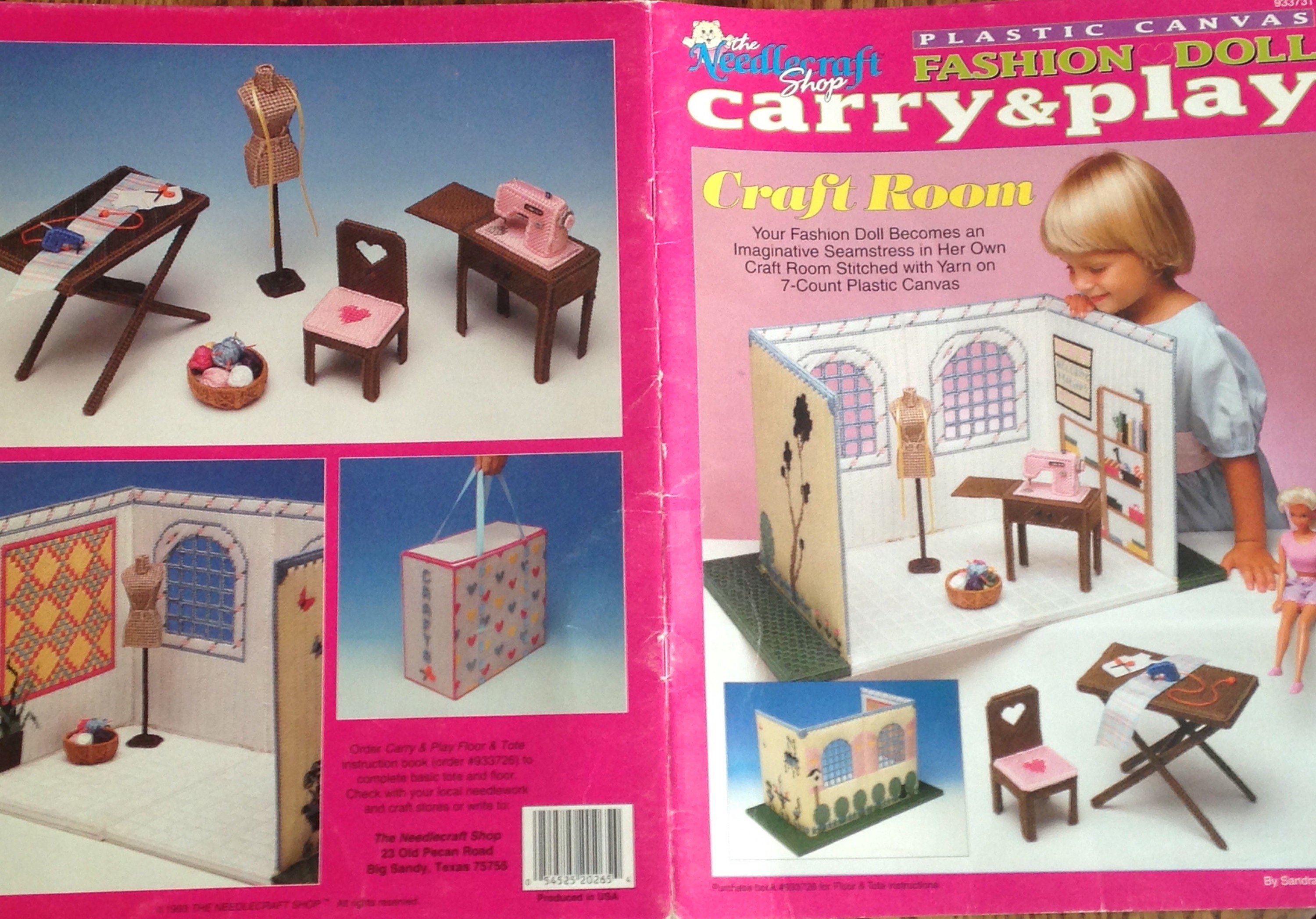 Out of Print 90s Original~Plastic Canvas Patterns~Fashion Doll Carry & Play~Dining Room~Barbie Dollhouse~Booklet 943746~Free Shipping