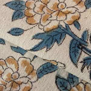 Blue Yellow Block Print Canvas Upholstery Fabric by the Yard – Heavy Cotton, Boho Handprinted Textile, Sofa Chair Cushion Material Runner
