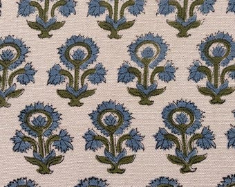 Green Blue Block Print Floral Pure Cotton Fabric, Indian Textile Fabric for Curtains & Pillow Covers, Durable Canvas Upholstery