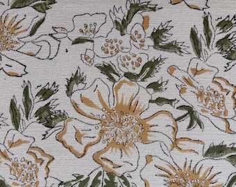 Indian Hand Block Print Fabric by the Yard, Floral Cotton Upholstery Fabric, Block Print Curtain Fabric, Vintage Designer Fabric for Pillows