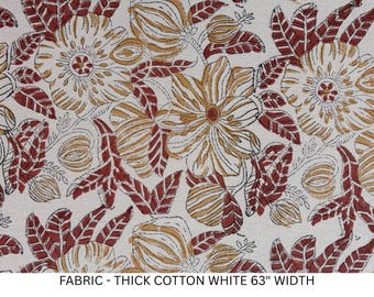Mustard & Brown Floral Hand Block Print Linen Fabric by the Yard | Heavyweight Home Decor Linen for Drapery, Upholstery, Roman Shades