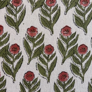 Tissu en coton indien à imprimé floral vert marron par mètre - Textile d'ameublement artisanal pour rideaux, nappes et décoration d'intérieur DIY