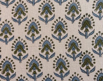 Hand Block Printed Indian Cotton Fabric – Blue Green Floral Yardage for Decor