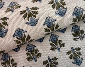 Blue Green Block Print Fabric by Yard | Thick Cotton Upholstery Fabric |Indian Floral Fabric for Curtains, Cushion Covers,Sewing &Home Decor