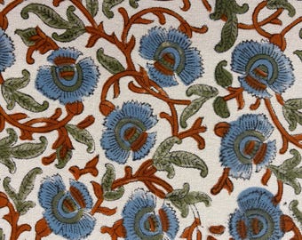Indian Handmade Block Print Duck Canvas Red Green Blue Fabric, Heavy Cotton Canvas by the Yard for Home Decor, Table Linen & Lampshades
