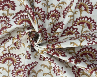Vintage Brown Yellow Hand Block Print Linen Fabric by the Yard | Boho Floral Linen for Curtains, Decorative Pillows & Upholstery Material