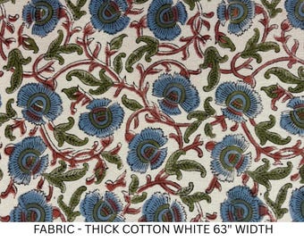 May include: A thick white cotton fabric featuring a repeating floral pattern with blue flowers, green leaves, and thin red vines. The text at the bottom of the image reads: FABRIC - THICK COTTON WHITE 63" WIDTH.