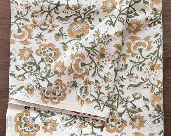 Geelgroene linnen stof met handbedrukte blokdruk, op maat gesneden, zware meubelstof, linnen met bloemenprint voor gordijnen en kussens, boho woondecoratie